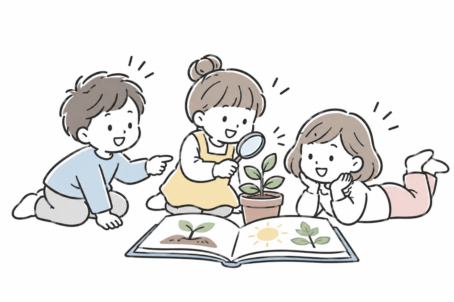 Children discovering a plant and a picture book together.
