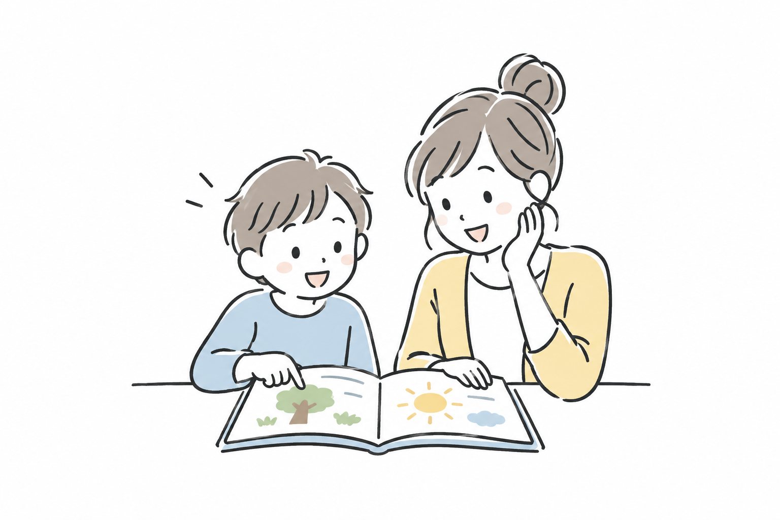Pastel hand-drawn illustration of a school-age child reading with a tutor.