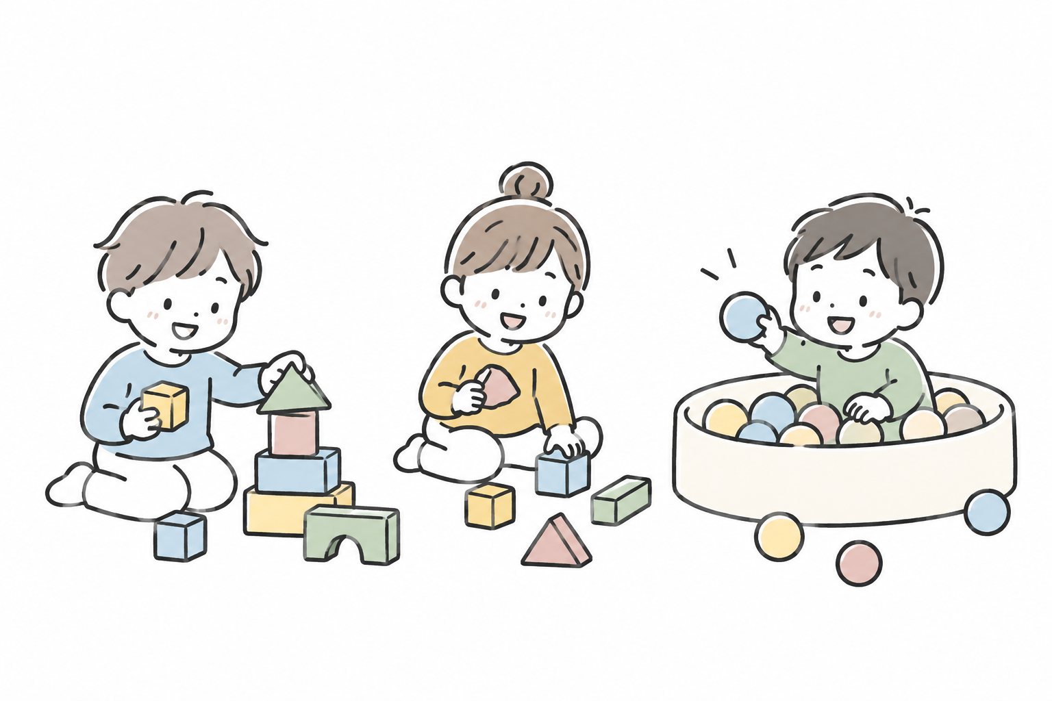 Pastel hand-drawn illustration of children exploring a ball pit and building blocks.