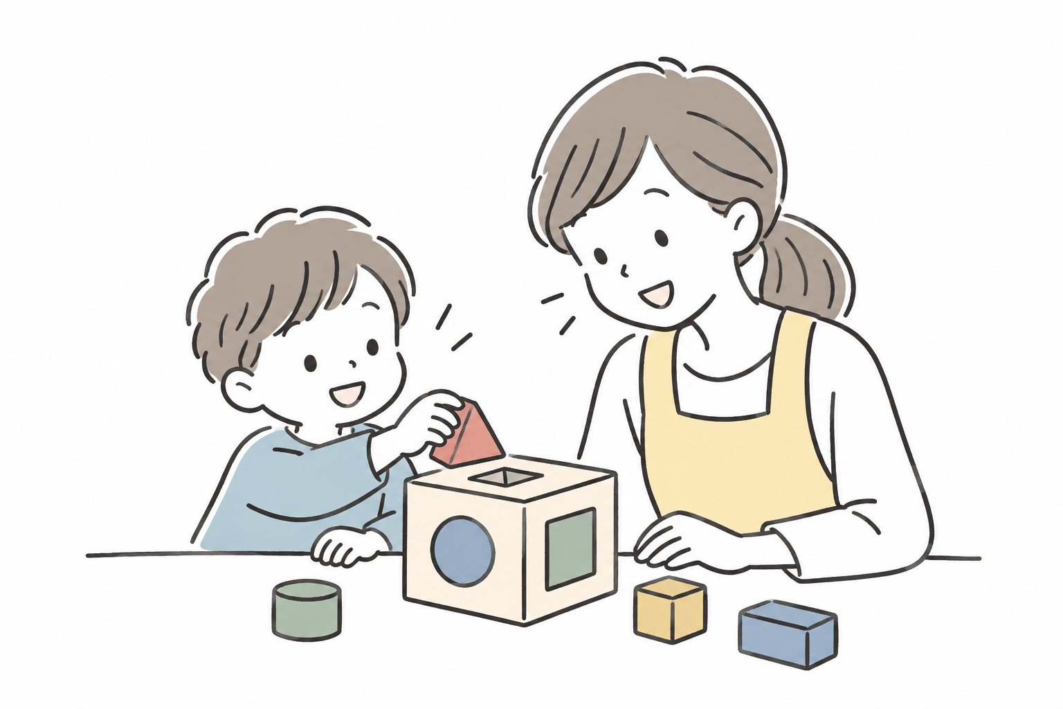 Pastel hand-drawn illustration of a child and teacher working together on a sorting activity.