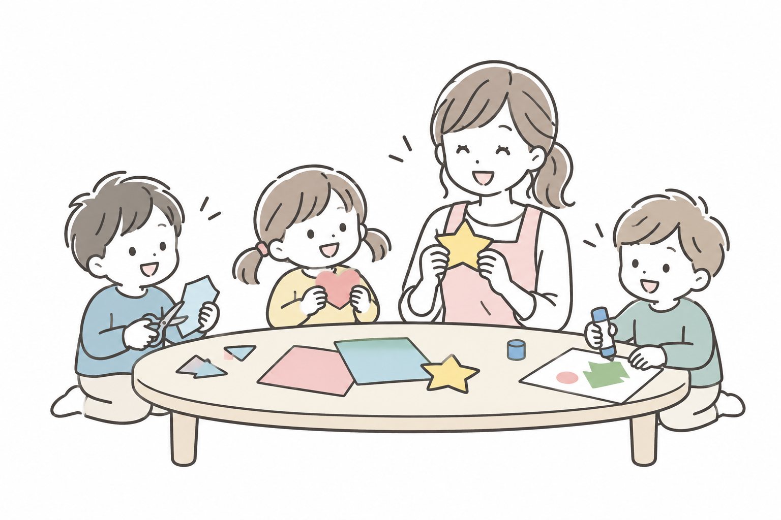 Pastel hand-drawn illustration of children making colorful paper crafts with a teacher.