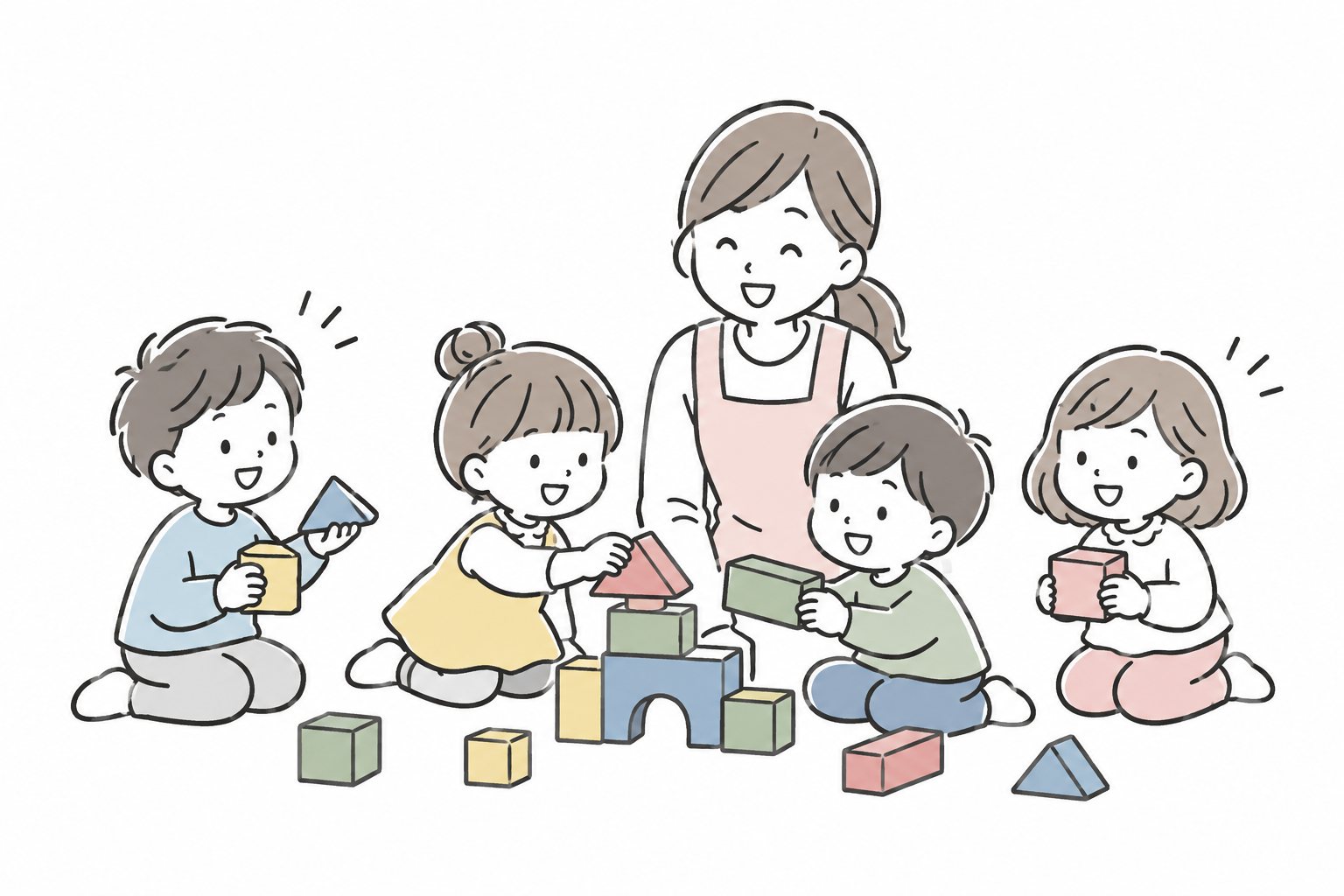 Pastel hand-drawn illustration of four children building blocks together with a teacher.